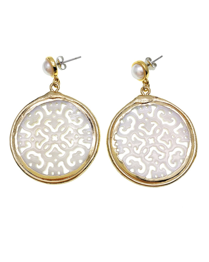 Round Hollow Carved Shell Art Earrings GE023B - FARRA