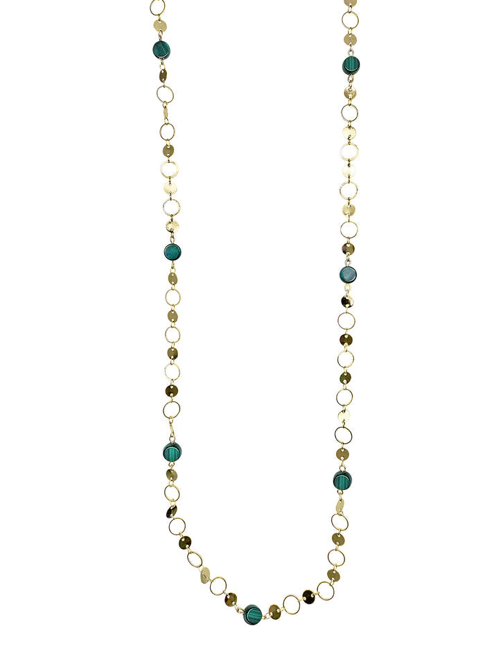 Round Shaped Gold Chain With Malachite Long Necklace PN062