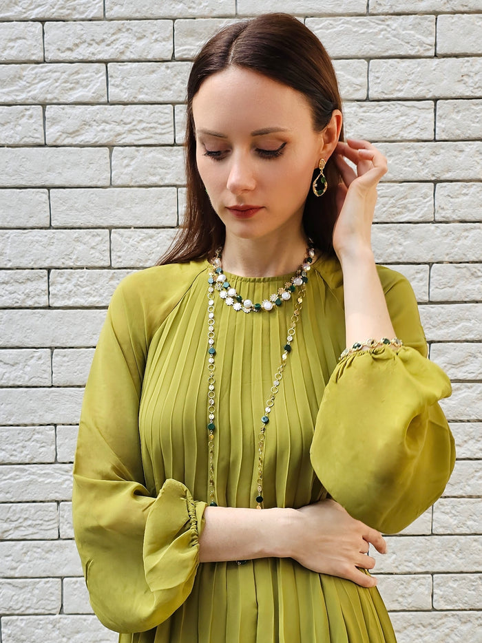 Round Shaped Gold Chain With Malachite Long Necklace PN062