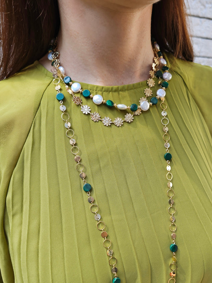Round Shaped Gold Chain With Malachite Long Necklace PN062