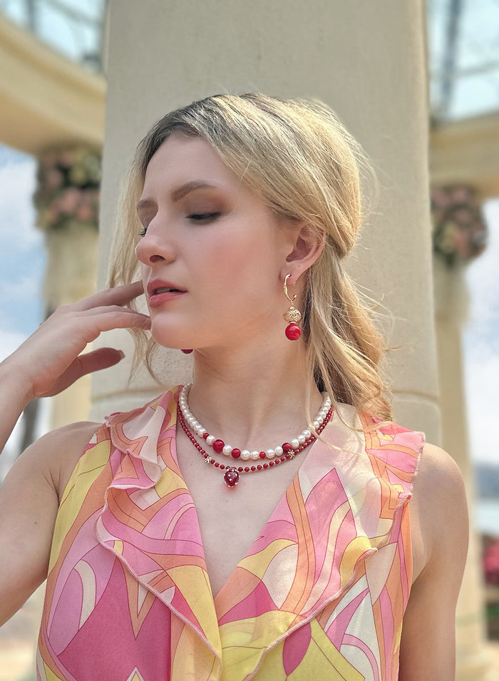 Round White Pearls and Red Coral Mixed Necklace JN002 - FARRA