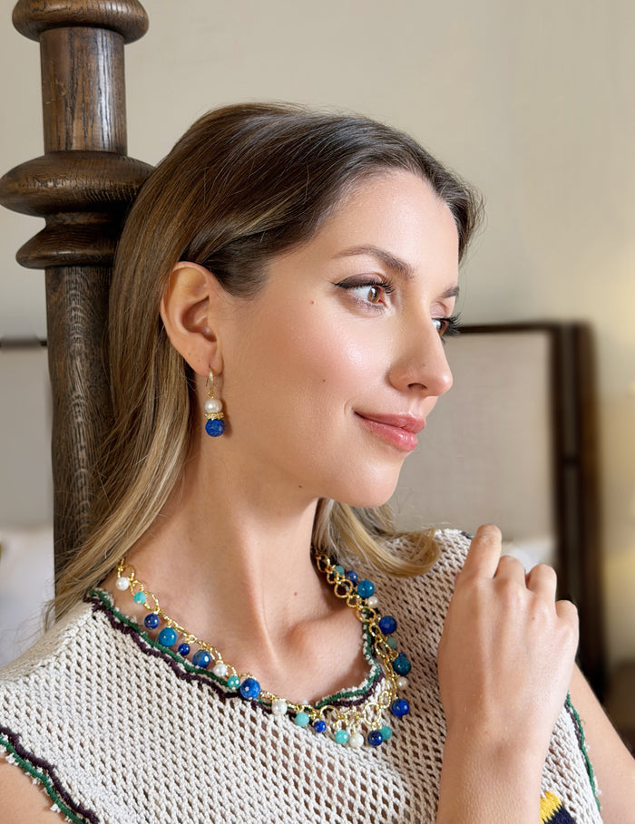 Royal Blue Lapis & Pearl Floral Dangle Earrings RE025