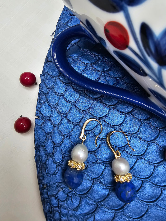 Royal Blue Lapis & Pearl Floral Dangle Earrings RE025