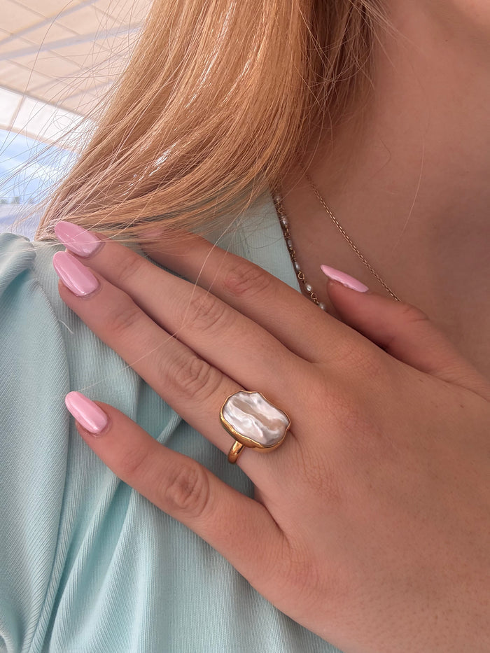 Salt Baroque Pearl Ring Gold Large featuring a genuine large baroque freshwater pearl set in premium gold vermeil over 925 sterling silver.