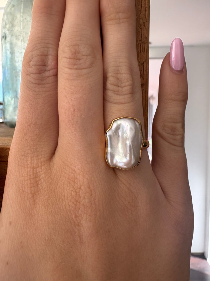 Salt Baroque Pearl Ring Gold Large featuring a genuine large baroque freshwater pearl set in premium gold vermeil over 925 sterling silver.