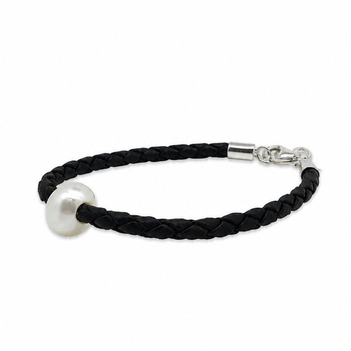 Sandcastle children’s black braided bracelet with 8mm freshwater pearl and sterling silver adjustable clasp
