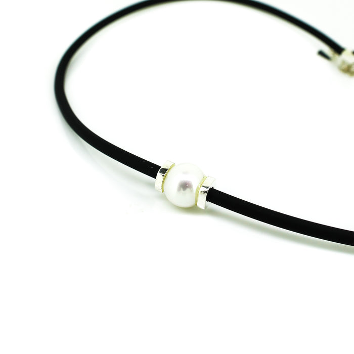 Sandy Silver Detail Pearl Neoprene Necklace with genuine freshwater pearl and sterling silver accents