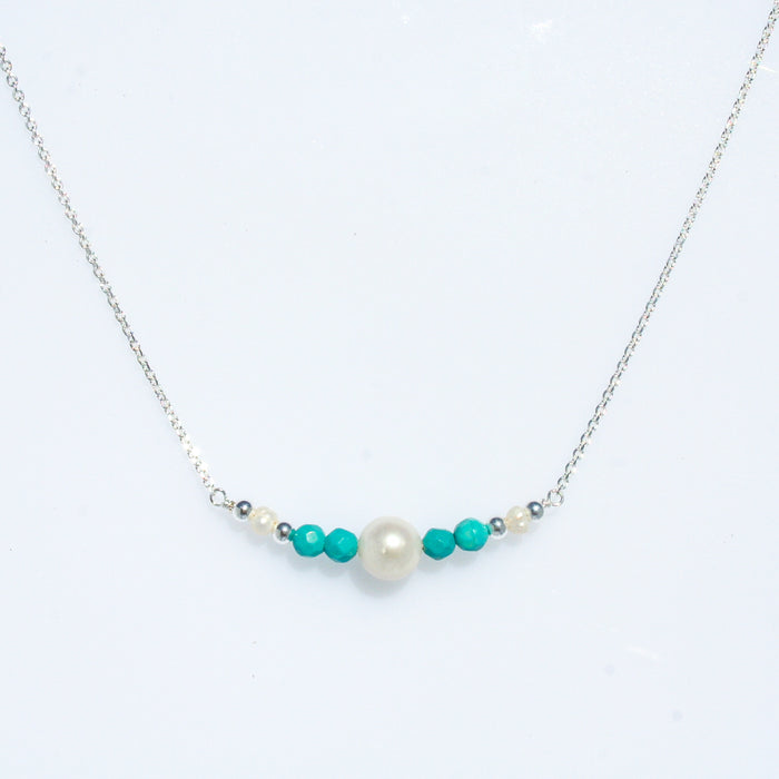 Sea Dreams pearl necklace with blue apatite gemstones and freshwater pearls in sterling silver
