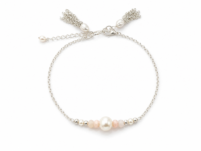 Sea Dreams Pearl Bracelet Pink Opal in 925 sterling silver with genuine freshwater pearl, soft pink opal gemstones, silver tassel details, and adjustable chain