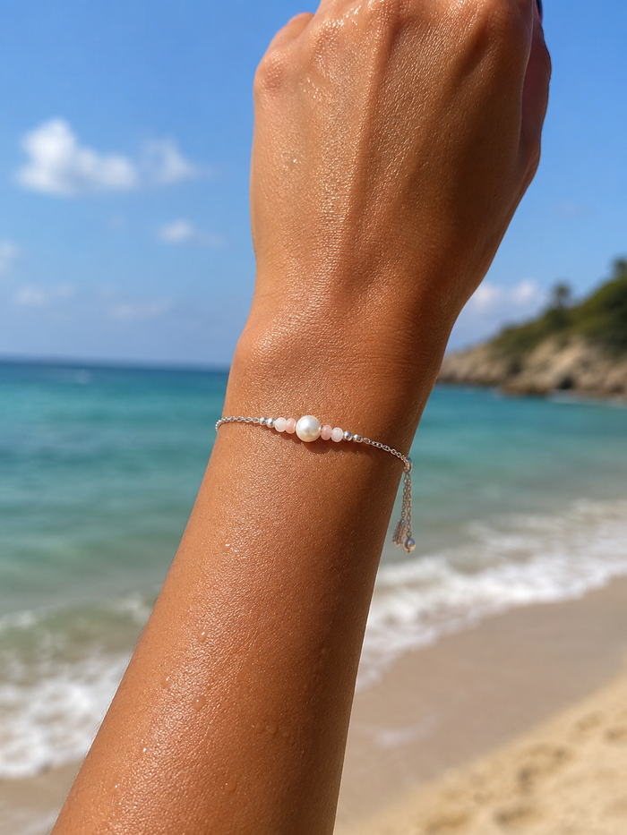 Sea Dreams Pearl Bracelet Pink Opal in 925 sterling silver with genuine freshwater pearl, soft pink opal gemstones, silver tassel details, and adjustable chain