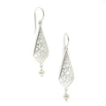 A pair of sterling silver drop earrings with intricate designs and fresh water pearl details at the bottom, hooks for attachment are visible.