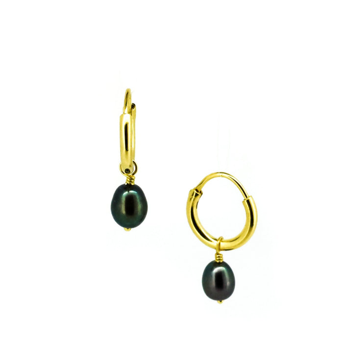 Sea Goddess midnight freshwater pearl sleeper earrings gold 7mm designed in Broome Australia
