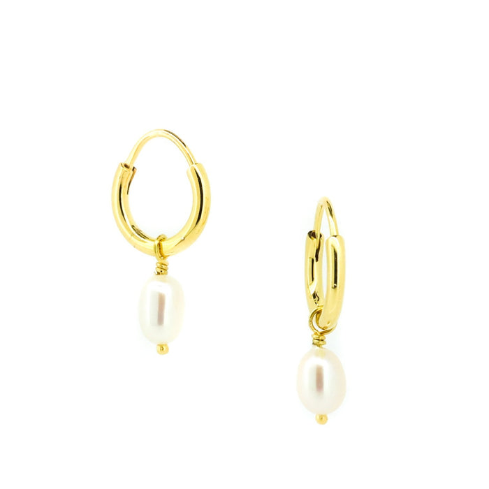 Gold pearl sleeper earrings with 7mm freshwater pearls designed in Broome Western Australia