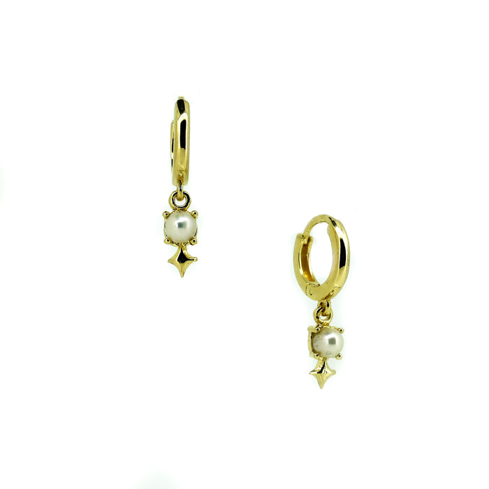 Gold vermeil pearl huggie earrings with 4mm freshwater pearls and ocean-inspired charm detail designed in Broome Australia by Lush Designs Jewellery.