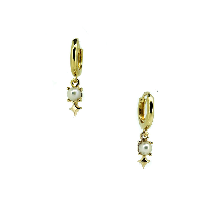 Gold vermeil pearl huggie earrings with 4mm freshwater pearls and ocean-inspired charm detail designed in Broome Australia by Lush Designs Jewellery.