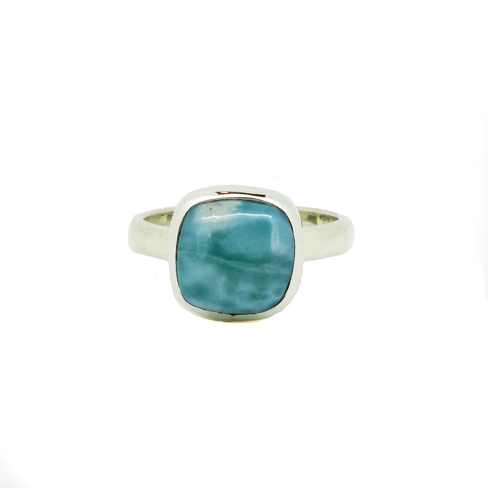 Seabreeze Square Larimar Ring featuring a genuine square Larimar gemstone set in sterling silver with natural ocean-blue patterns.