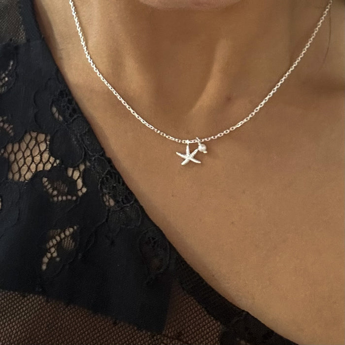 Seastar Pearl Dainty Necklace Silver- Starfish necklace