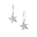 A pair of silver star-shaped earrings with cubic zirconia embedded within the design, attached to hooks for wear.