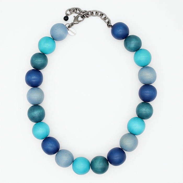 Necklace with blue  beaded design on a white background