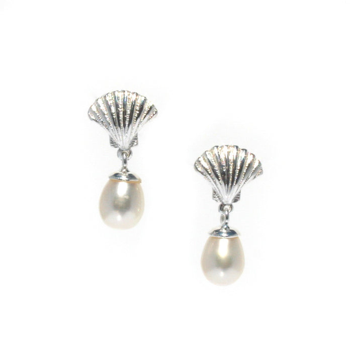 Shell pearl stud earrings in sterling silver with freshwater pearl