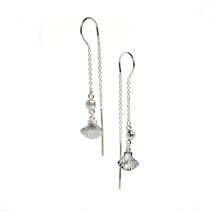 Shell pearl thread earrings in sterling silver with freshwater pearls