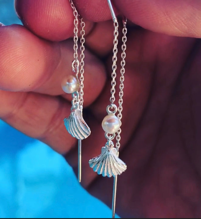 Shell silver thread earrings with dainty freshwater pearl