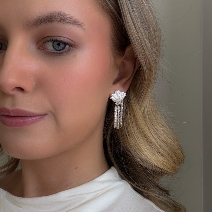 Statement shell pearl earrings with cascading freshwater pearls worn model coastal boho jewellery Australia