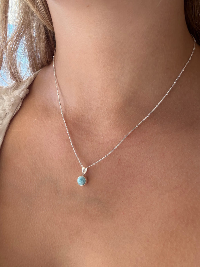 Silver Shores round larimar pendant on a dainty sterling silver chain by Lush Designs Jewellery Australia