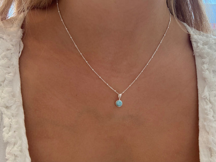 Silver Shores Larimar Round Pendant on Dainty Chain | Sterling Silver Larimar Necklace