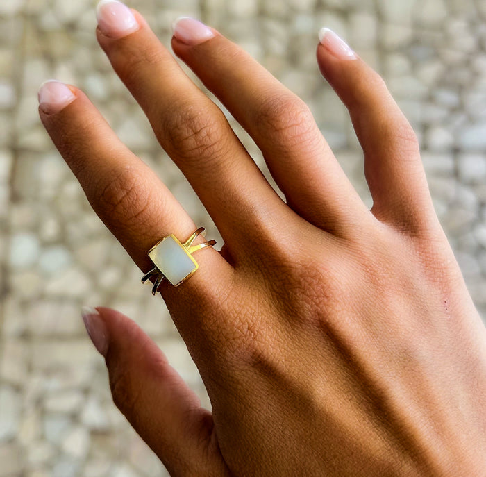 Rectangle mother of pearl ring gold