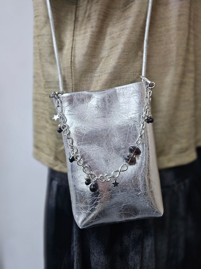 Smoky Quartz Bowknot With Black Obsidian Silver Chain Bag