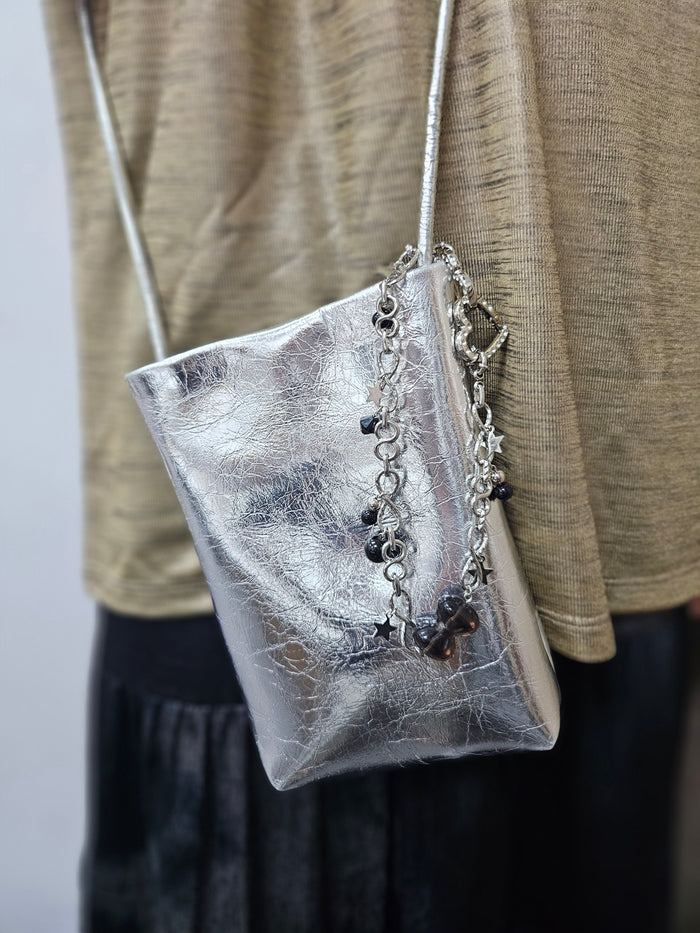 Smoky Quartz Bowknot With Black Obsidian Silver Chain Bag