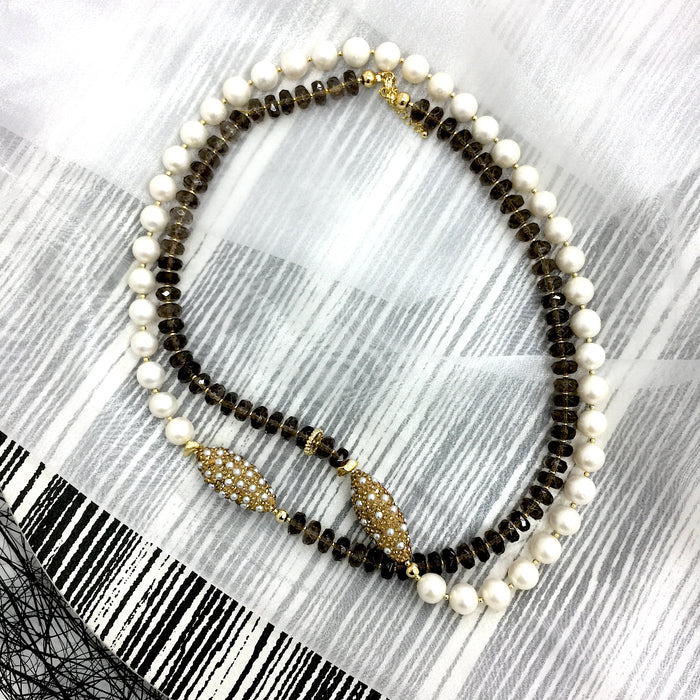 Smoky Quartz With Freshwater Pearls Multi-Way Necklace AN021 - FARRA