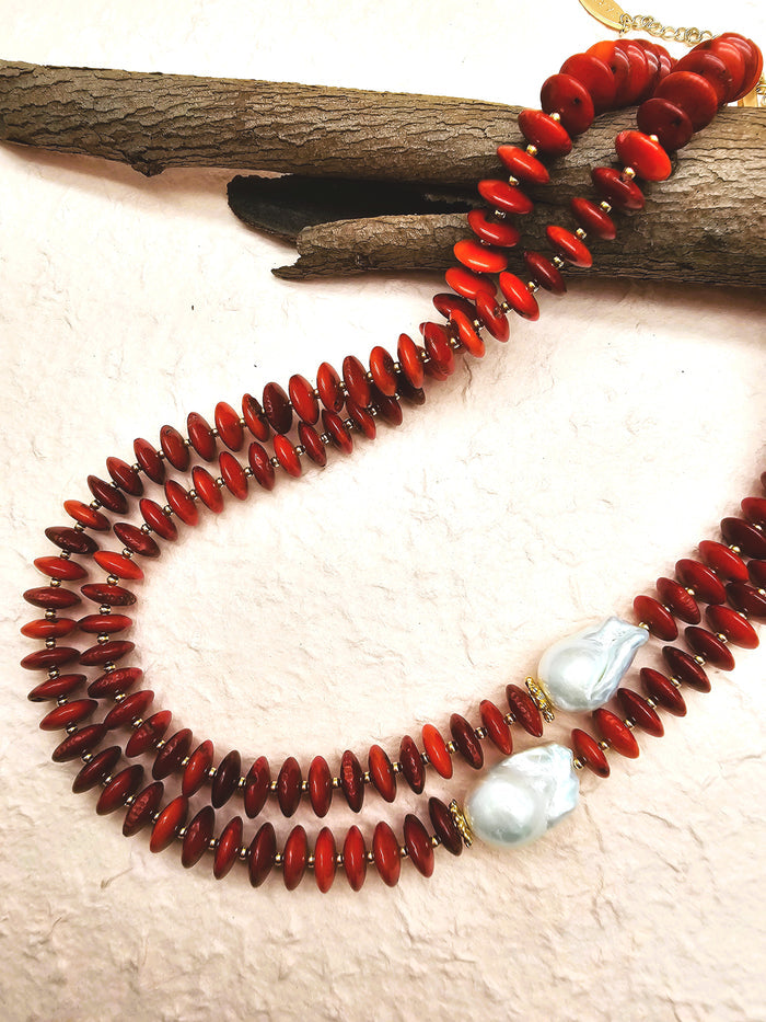 Sophisticated Red Bamboo Coral With Baroque Pearls Double Necklace QN035