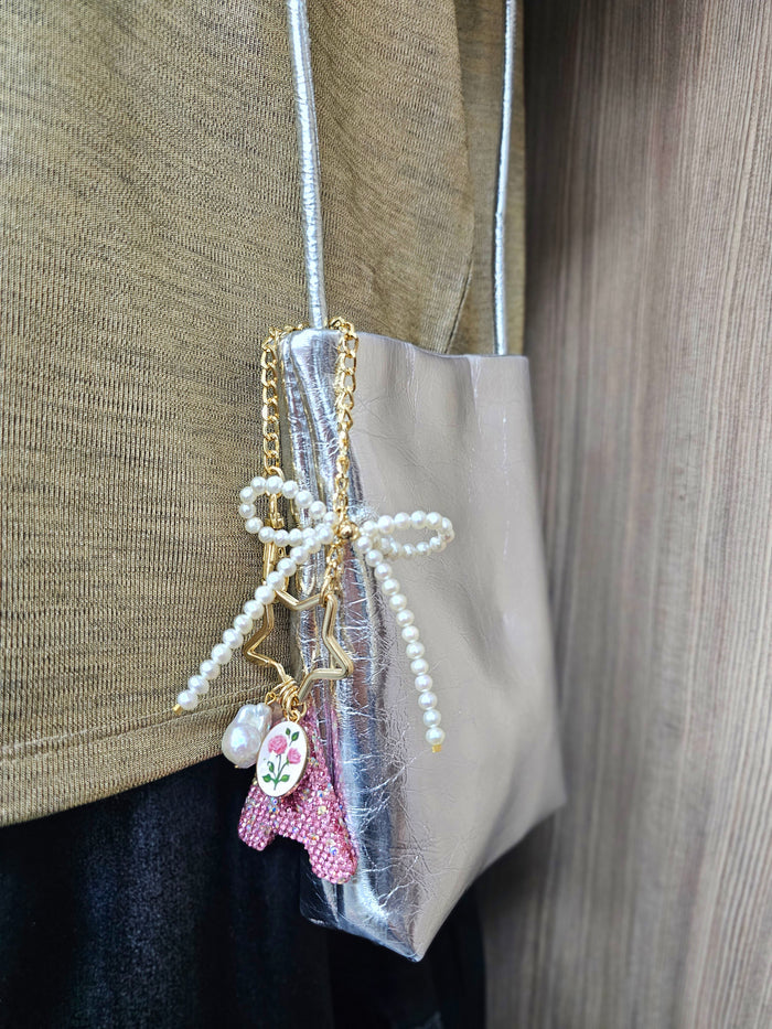 Sparkling Rhinestone Initial Letter With Pearls Bag Charm
