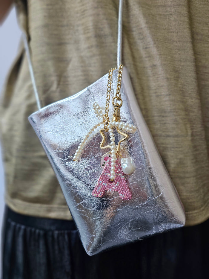 Sparkling Rhinestone Initial Letter With Pearls Bag Charm