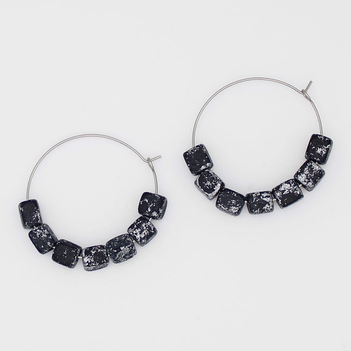 Square Black and Silver Hoop Dangle Earring - Sylca Designs - Chunky Jewelry