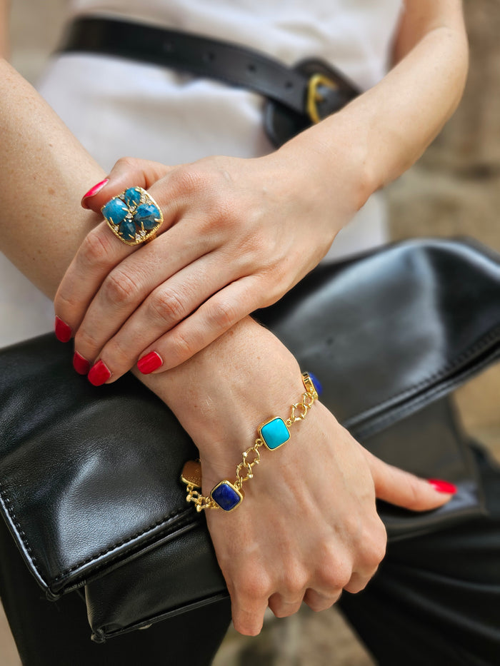 Square Blue Turquoise And Lapis Chain Bracelet NB015