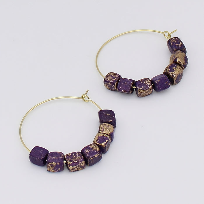 Square Purple and Gold Hoop Dangle Earring - Sylca Designs - Chunky Jewelry