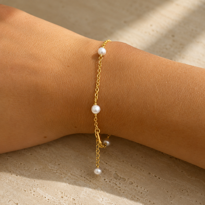 Stardust Pearl Bracelet Gold Vermeil with genuine freshwater pearls on premium 925 sterling silver chain, designed in Broome Western Australia