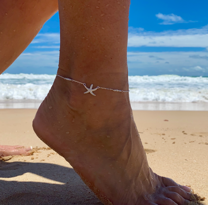 beachy starfish anklet with pearls