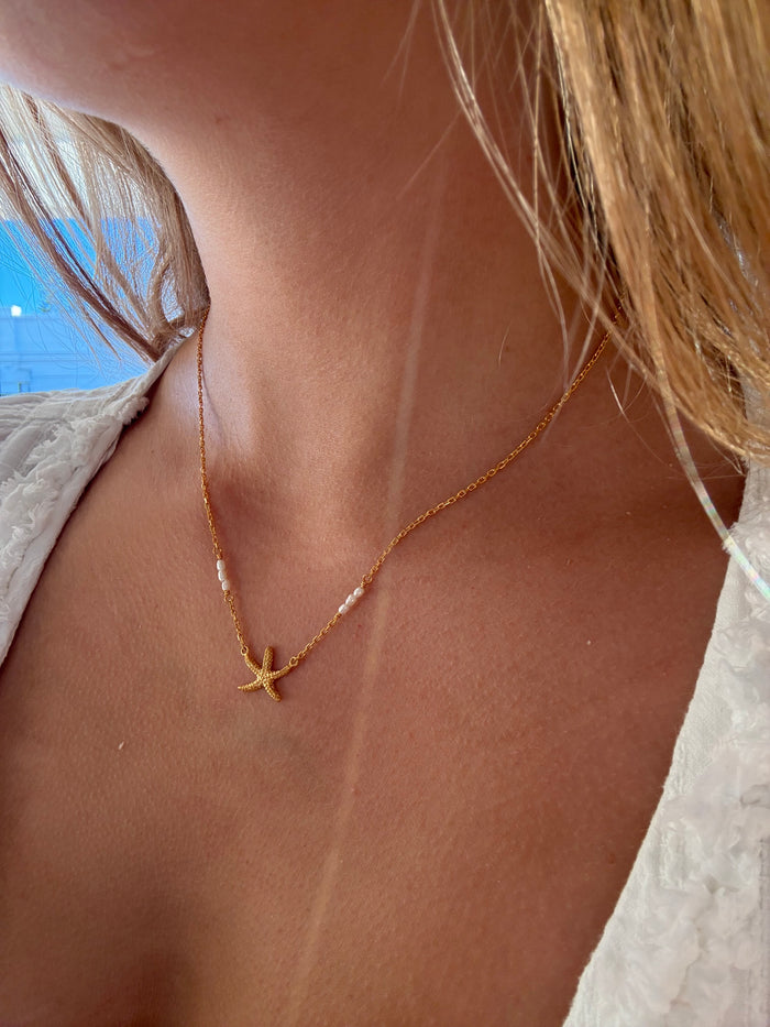 Starfish Rice Pearl Necklace Gold | Ocean Inspired Gold Vermeil Necklace