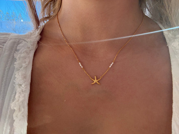 Starfish Rice Pearl Necklace Gold | Ocean Inspired Gold Vermeil Necklace