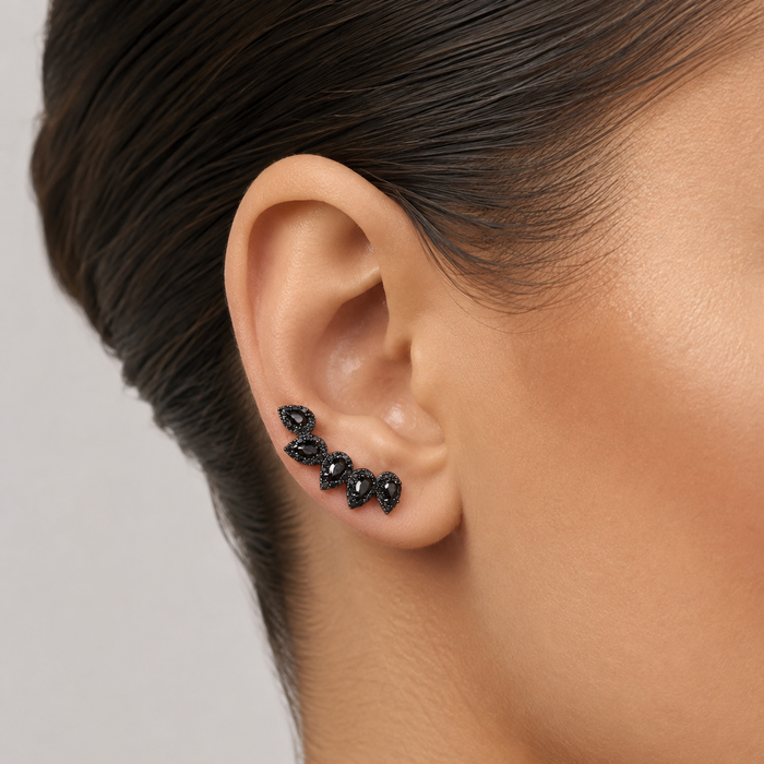 Sterling Silver Black Cubic Zirconia Pear Ear Crawler Earrings