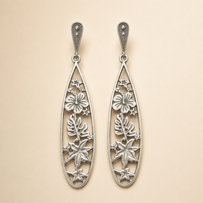 Sterling Silver Botanical Openwork Oval Drop Earrings