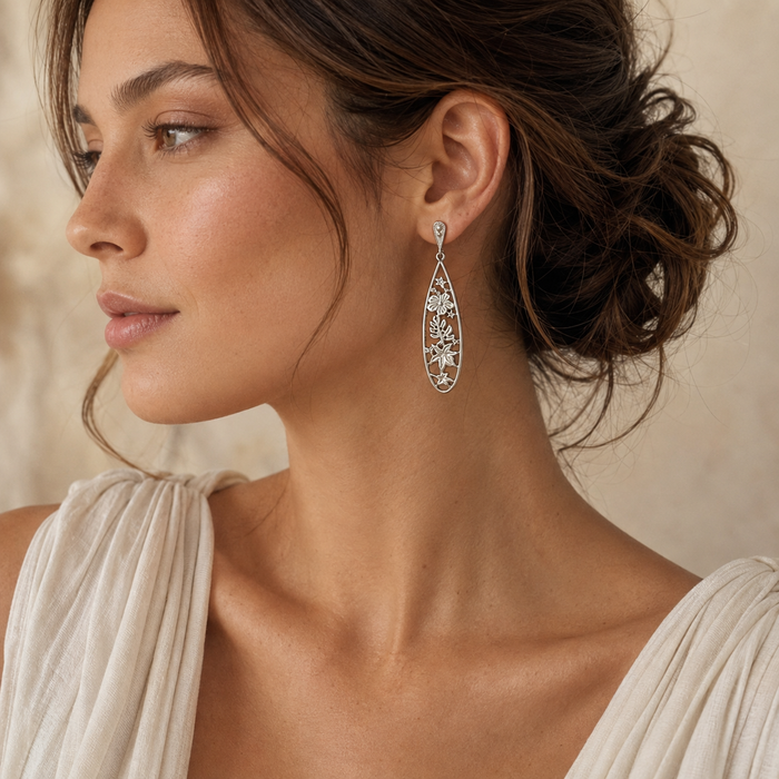 Sterling Silver Botanical Openwork Oval Drop Earrings