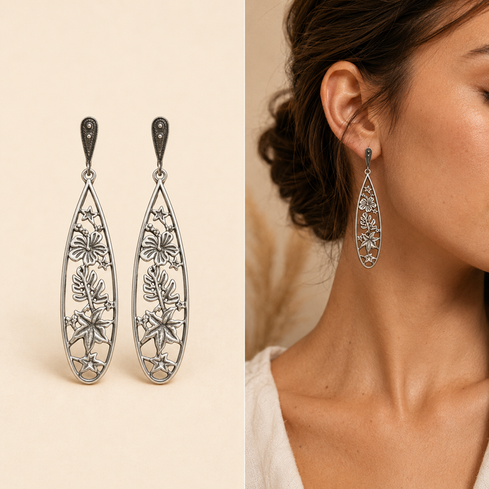 Sterling Silver Botanical Openwork Oval Drop Earrings