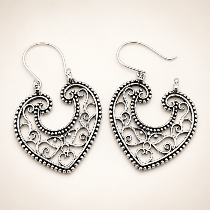 Sterling Silver Filigree Heart Drop Earrings