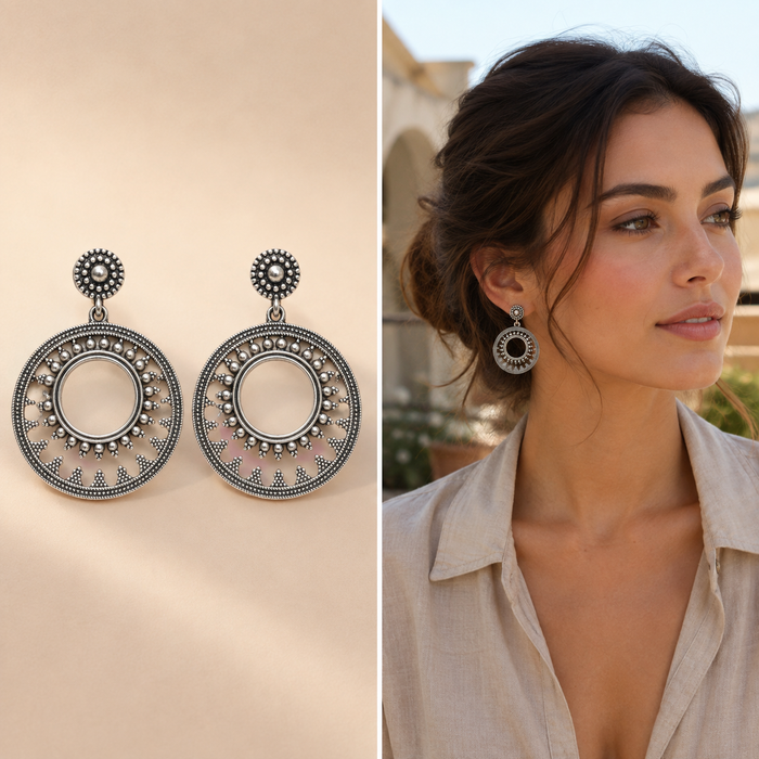 Sterling Silver Granulation Open Circle Drop Earrings