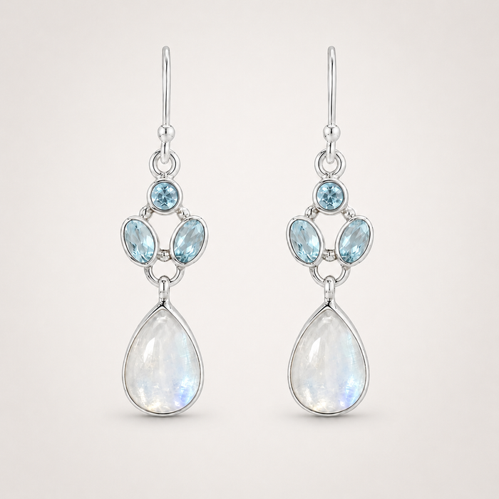 Sterling Silver Moonstone & Aquamarine Cluster Drop Earrings